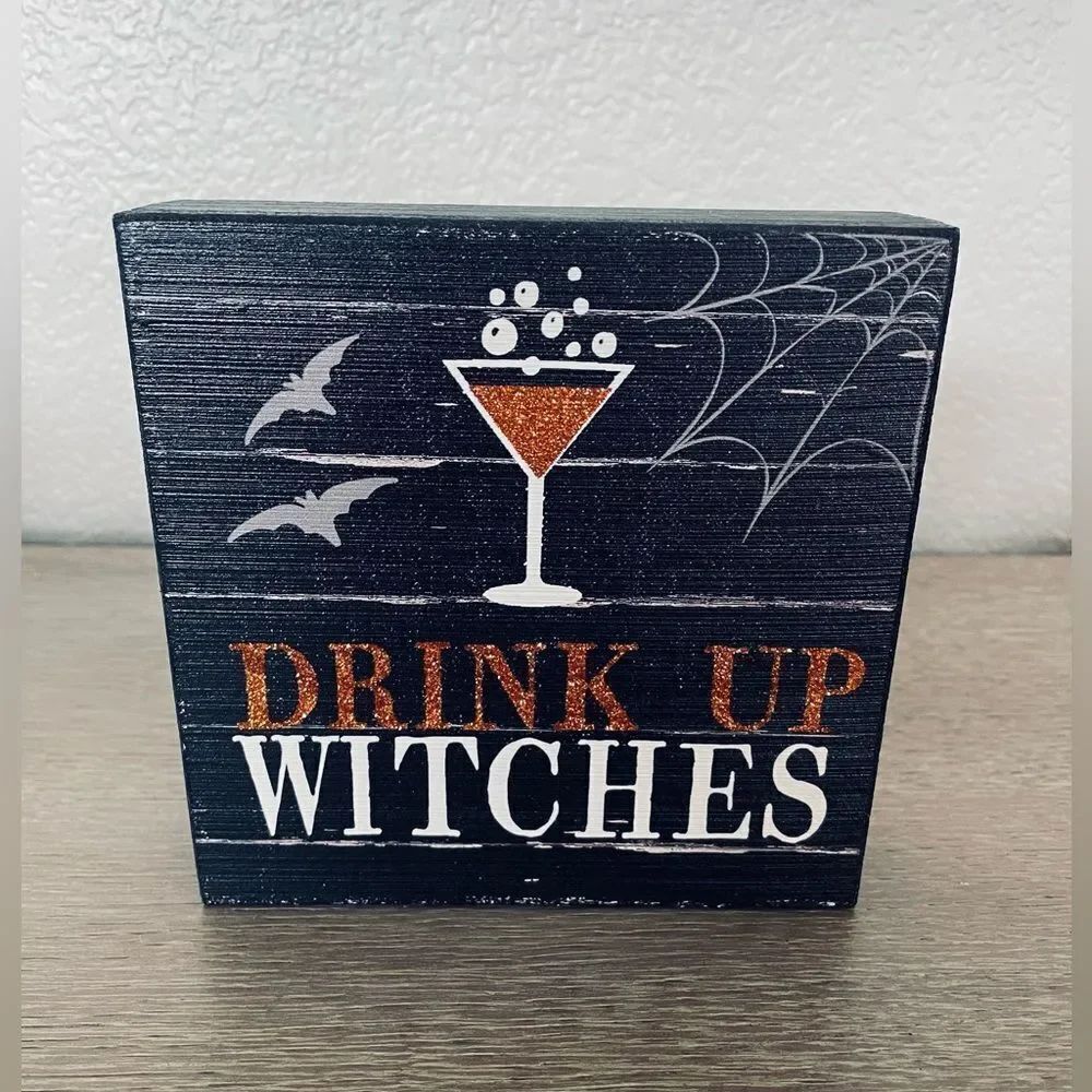 Drink Up Witches Halloween Farmhouse Cocktail Bar Wood Decor Sign
